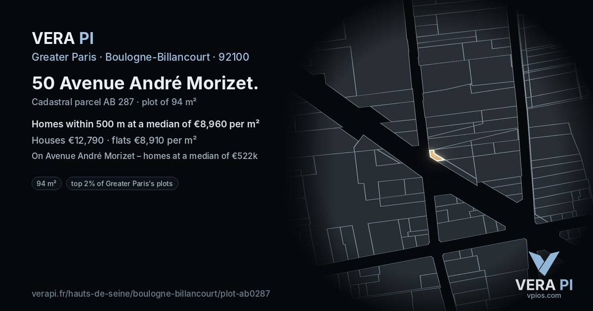 50 Avenue André Morizet, Boulogne-Billancourt at night – the plot lit, the parcels around coloured by the prices near them