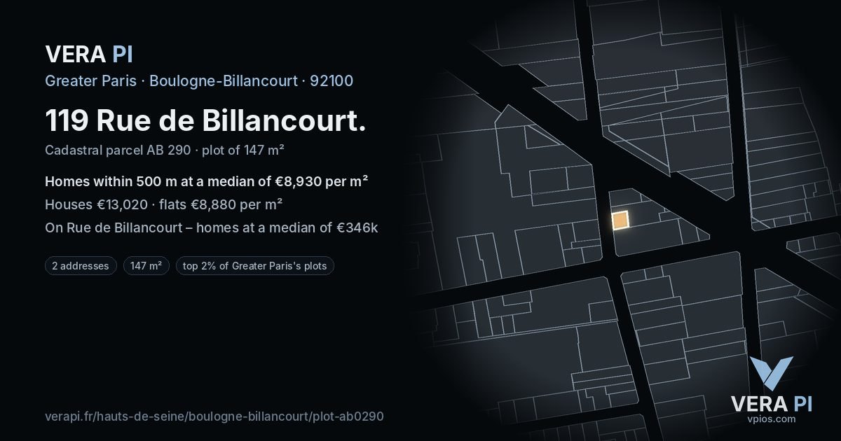119 Rue de Billancourt, Boulogne-Billancourt at night – the plot lit, the parcels around coloured by the prices near them