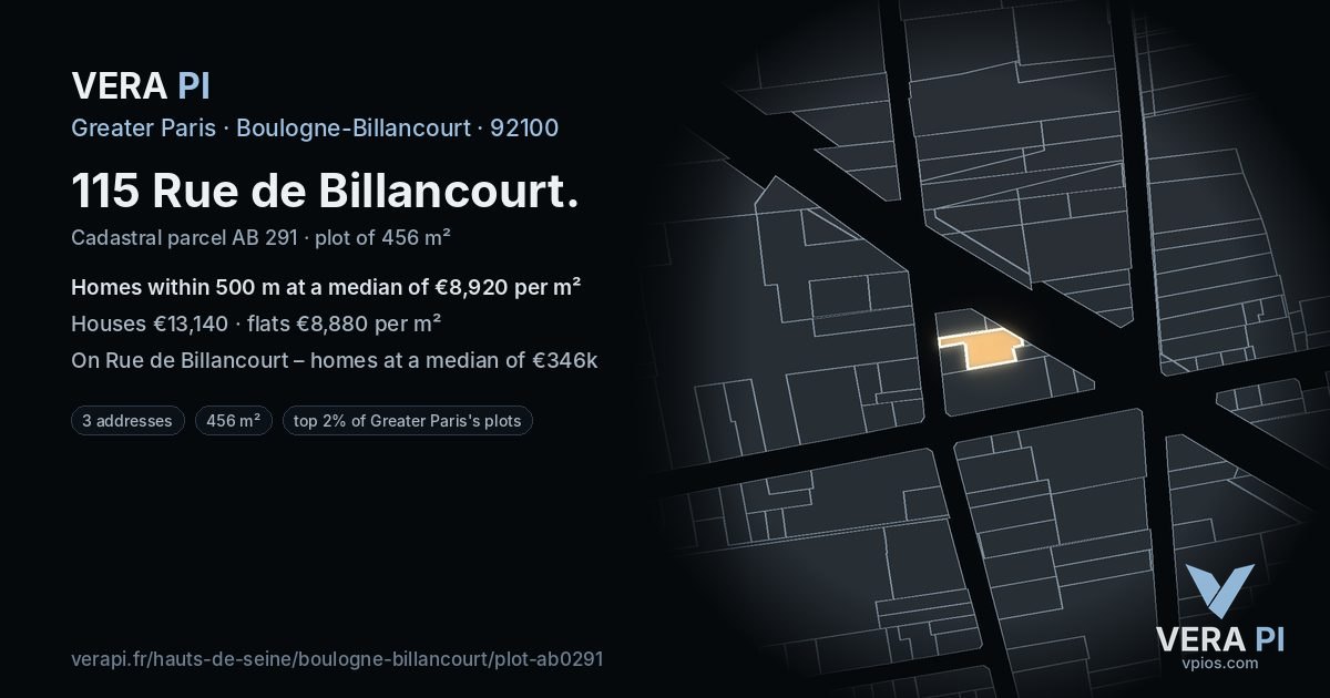 115 Rue de Billancourt, Boulogne-Billancourt at night – the plot lit, the parcels around coloured by the prices near them