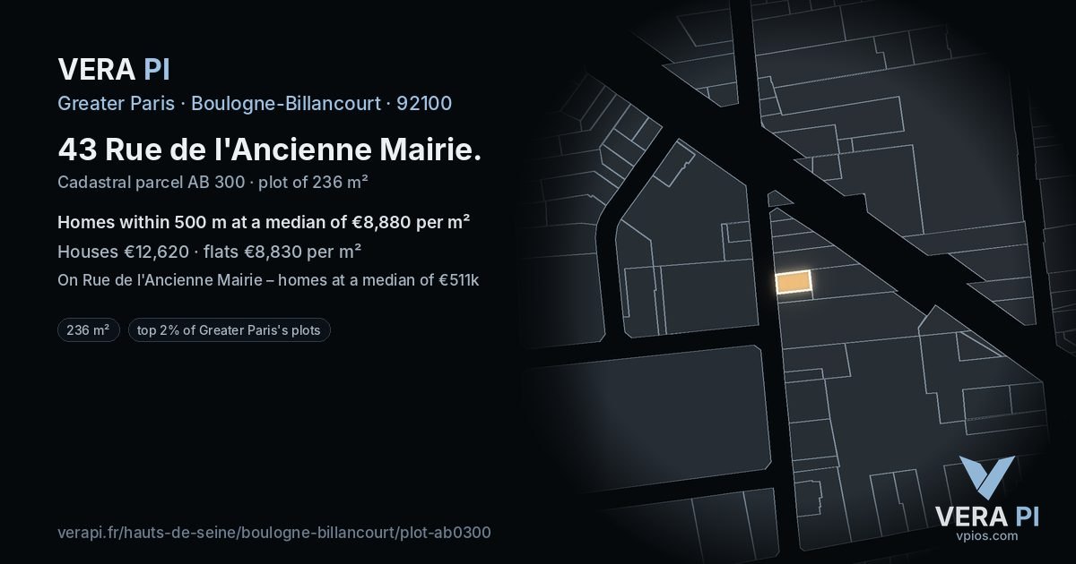 43 Rue de l'Ancienne Mairie, Boulogne-Billancourt at night – the plot lit, the parcels around coloured by the prices near them