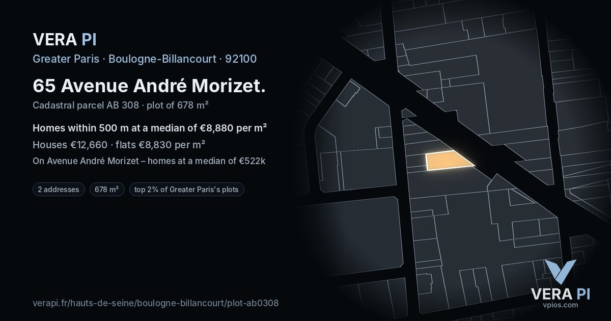 65 Avenue André Morizet, Boulogne-Billancourt at night – the plot lit, the parcels around coloured by the prices near them
