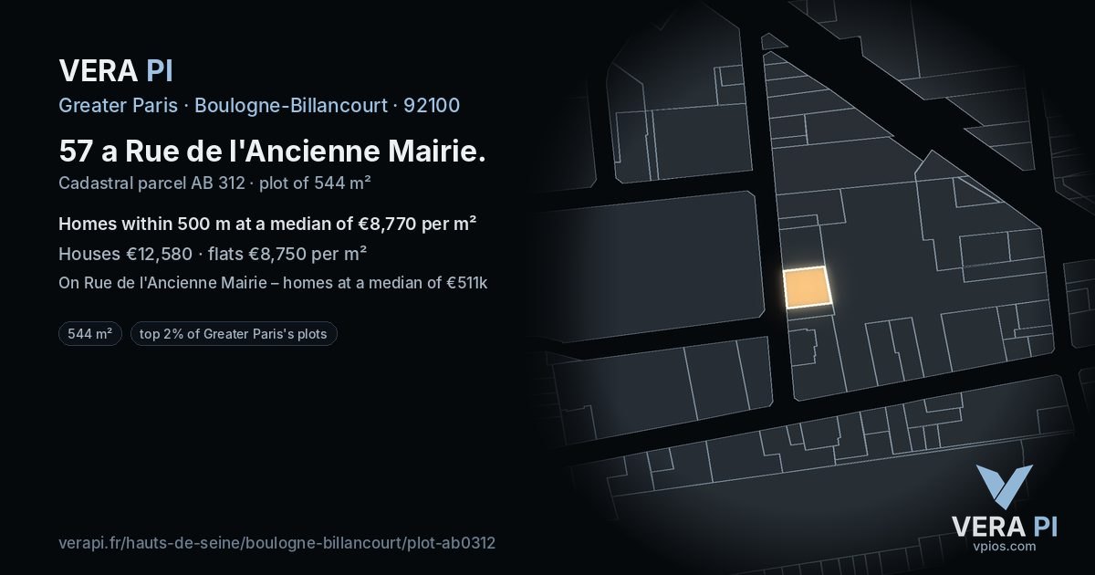 57 a Rue de l'Ancienne Mairie, Boulogne-Billancourt at night – the plot lit, the parcels around coloured by the prices near them