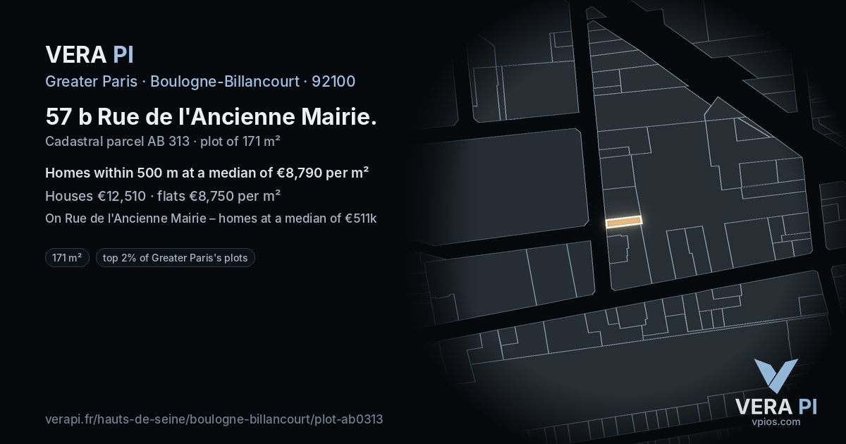 57 b Rue de l'Ancienne Mairie, Boulogne-Billancourt at night – the plot lit, the parcels around coloured by the prices near them