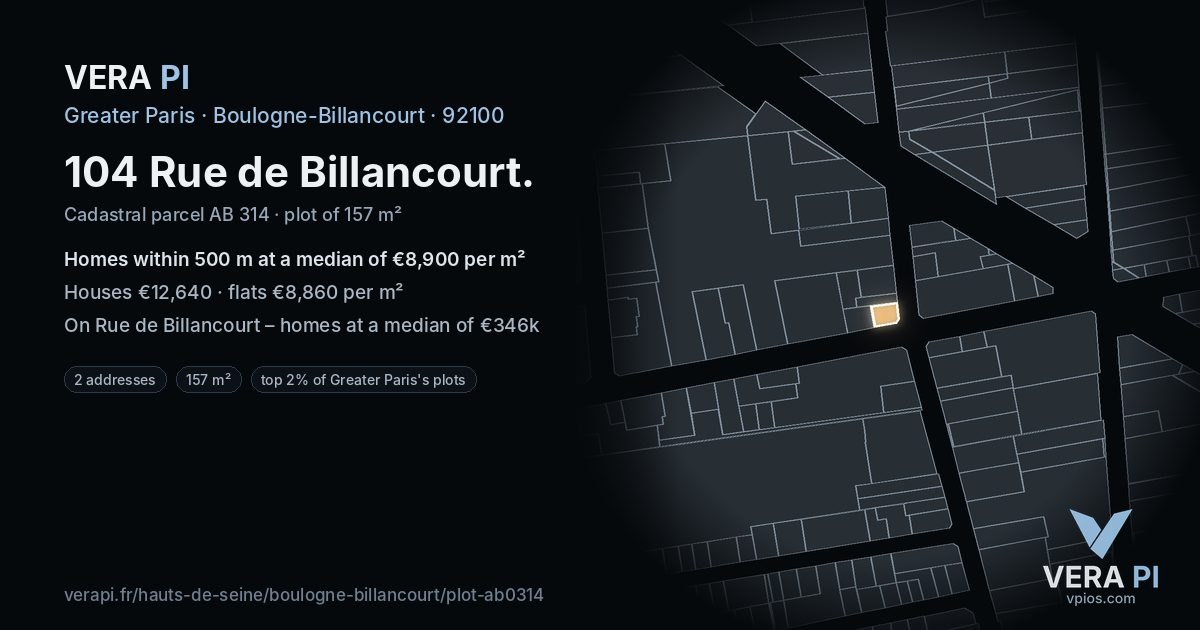 104 Rue de Billancourt, Boulogne-Billancourt at night – the plot lit, the parcels around coloured by the prices near them
