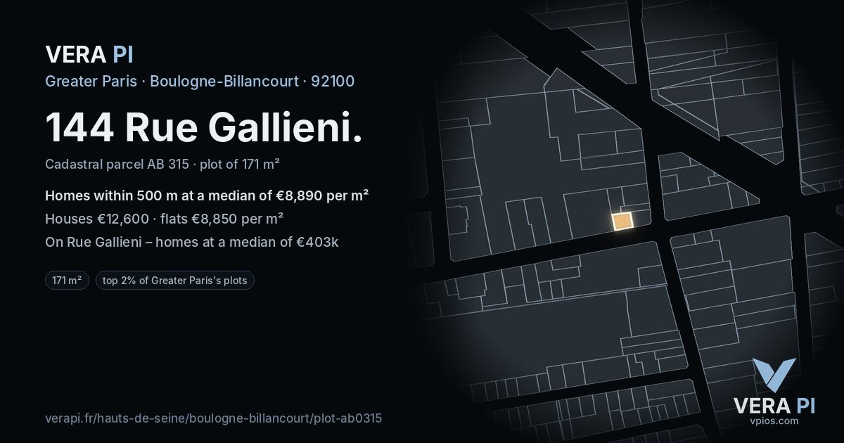 144 Rue Gallieni, Boulogne-Billancourt at night – the plot lit, the parcels around coloured by the prices near them