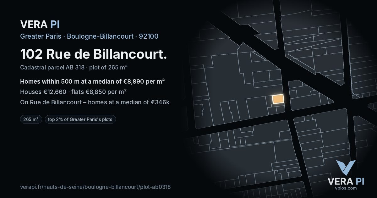 102 Rue de Billancourt, Boulogne-Billancourt at night – the plot lit, the parcels around coloured by the prices near them