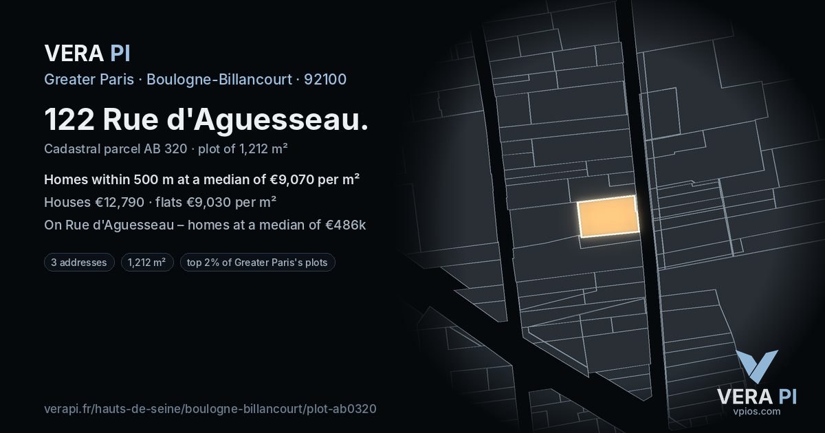 122 Rue d'Aguesseau, Boulogne-Billancourt at night – the plot lit, the parcels around coloured by the prices near them
