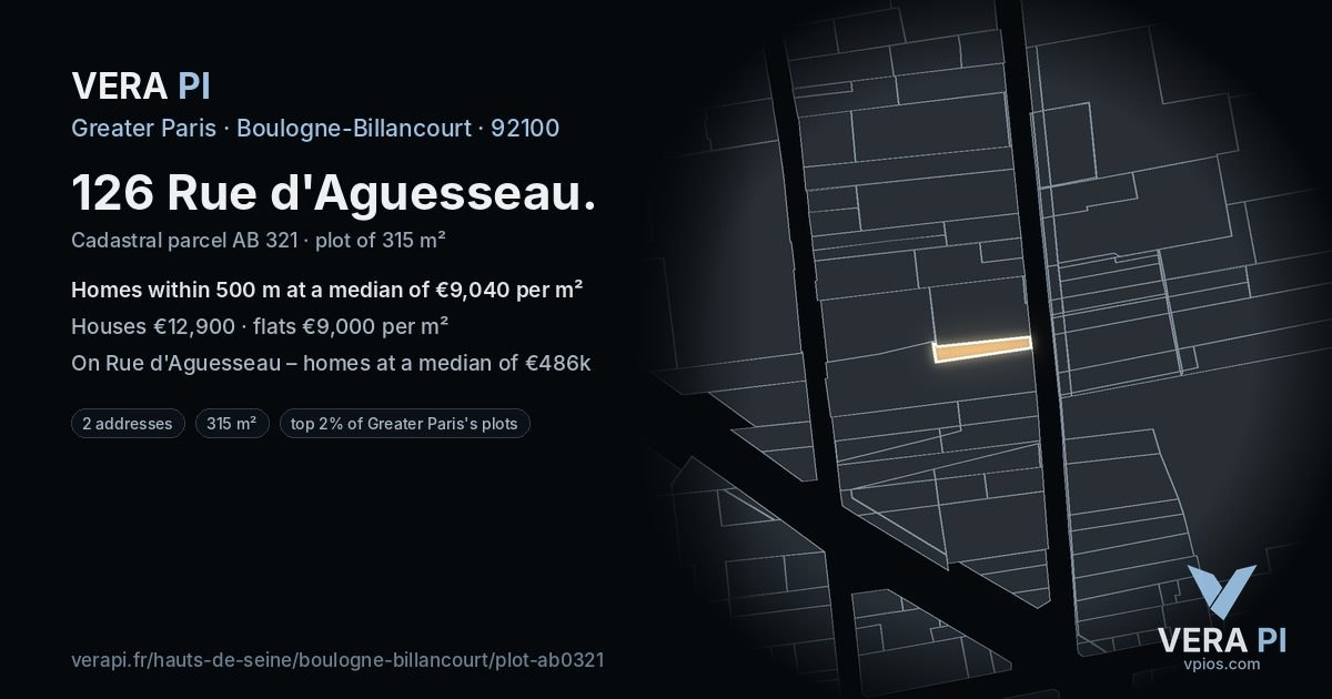 126 Rue d'Aguesseau, Boulogne-Billancourt at night – the plot lit, the parcels around coloured by the prices near them