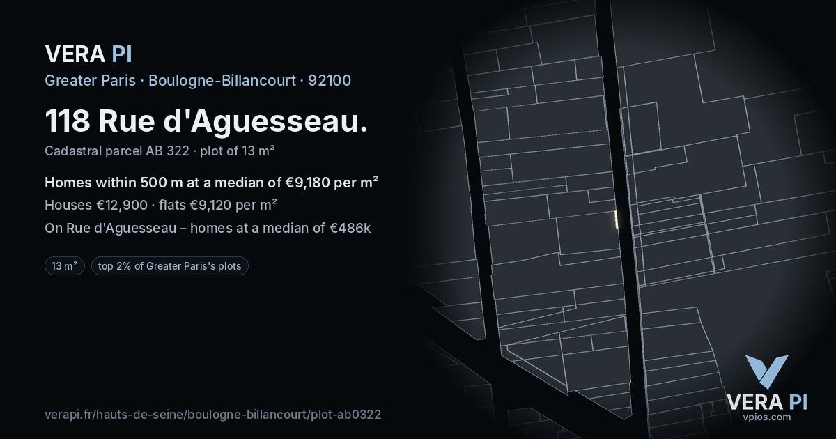 118 Rue d'Aguesseau, Boulogne-Billancourt at night – the plot lit, the parcels around coloured by the prices near them