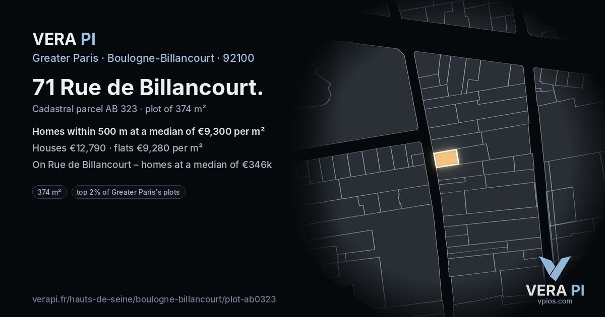 71 Rue de Billancourt, Boulogne-Billancourt at night – the plot lit, the parcels around coloured by the prices near them