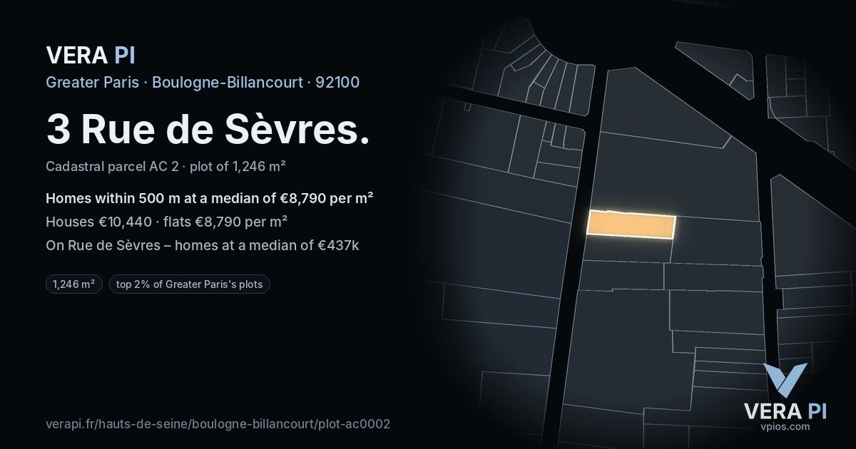3 Rue de Sèvres, Boulogne-Billancourt at night – the plot lit, the parcels around coloured by the prices near them