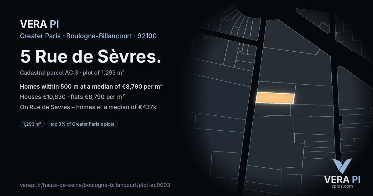 5 Rue de Sèvres, Boulogne-Billancourt at night – the plot lit, the parcels around coloured by the prices near them