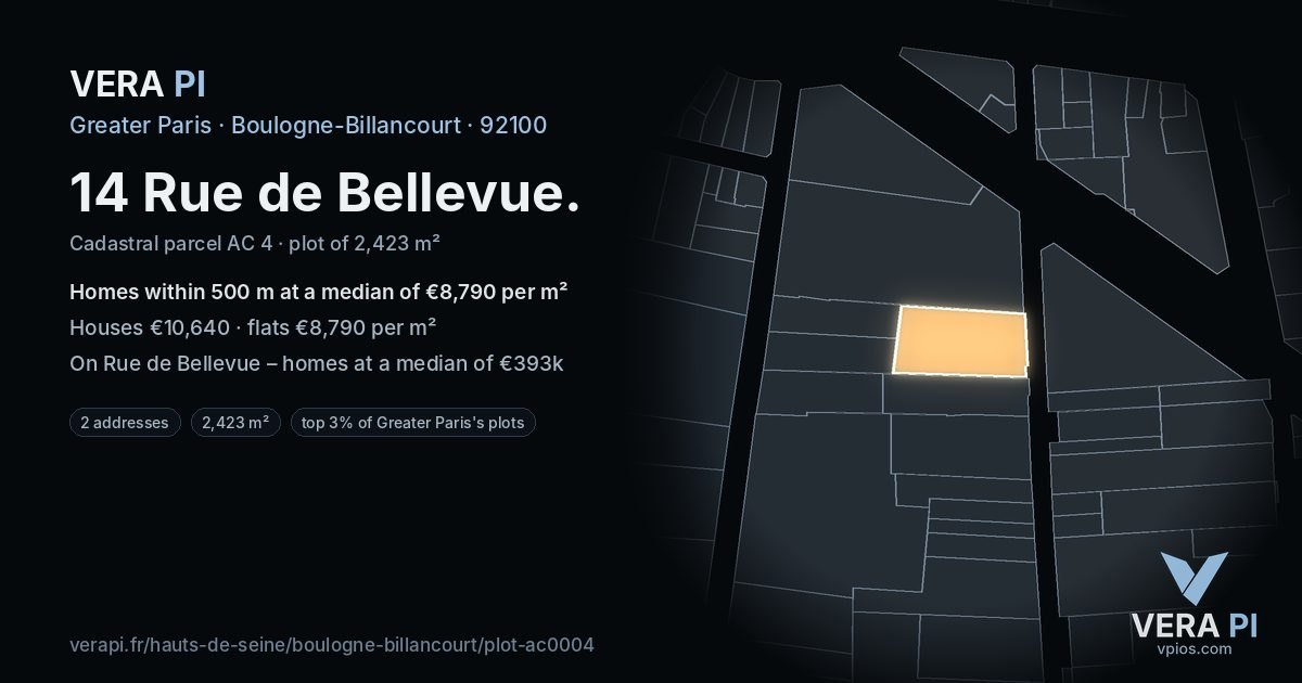 14 Rue de Bellevue, Boulogne-Billancourt at night – the plot lit, the parcels around coloured by the prices near them