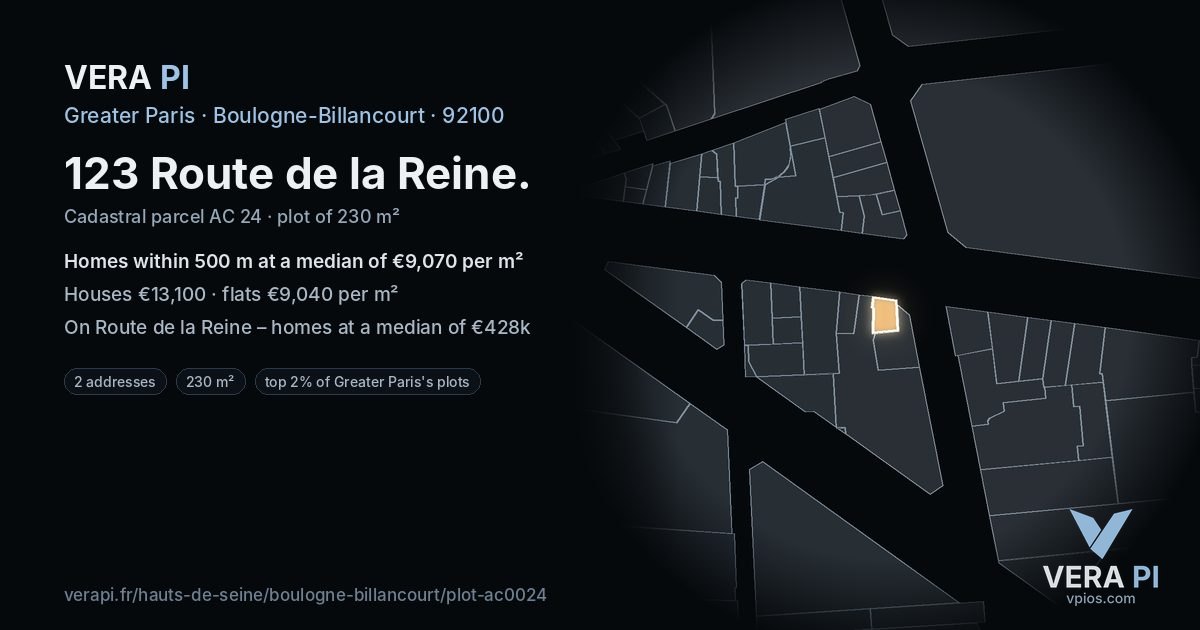 123 Route de la Reine, Boulogne-Billancourt at night – the plot lit, the parcels around coloured by the prices near them