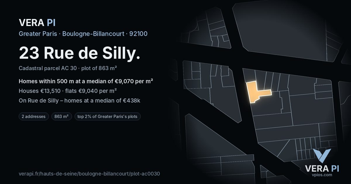 23 Rue de Silly, Boulogne-Billancourt at night – the plot lit, the parcels around coloured by the prices near them