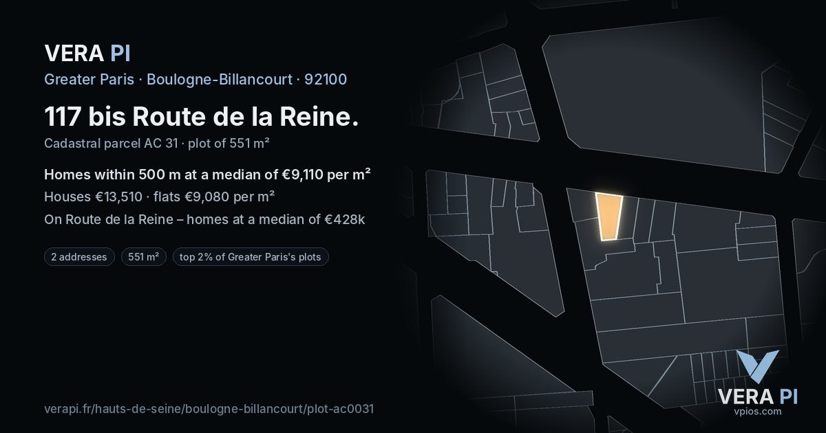 117 bis Route de la Reine, Boulogne-Billancourt at night – the plot lit, the parcels around coloured by the prices near them