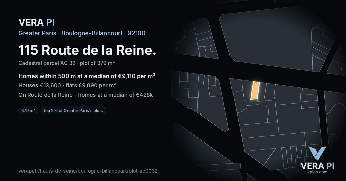 115 Route de la Reine, Boulogne-Billancourt at night – the plot lit, the parcels around coloured by the prices near them