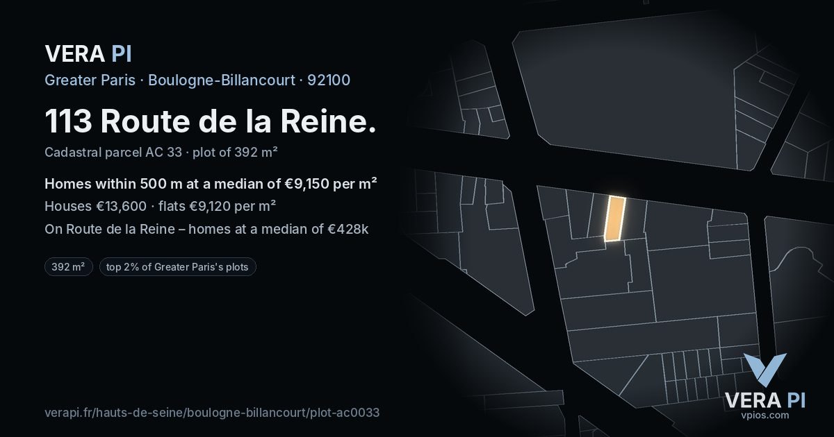 113 Route de la Reine, Boulogne-Billancourt at night – the plot lit, the parcels around coloured by the prices near them