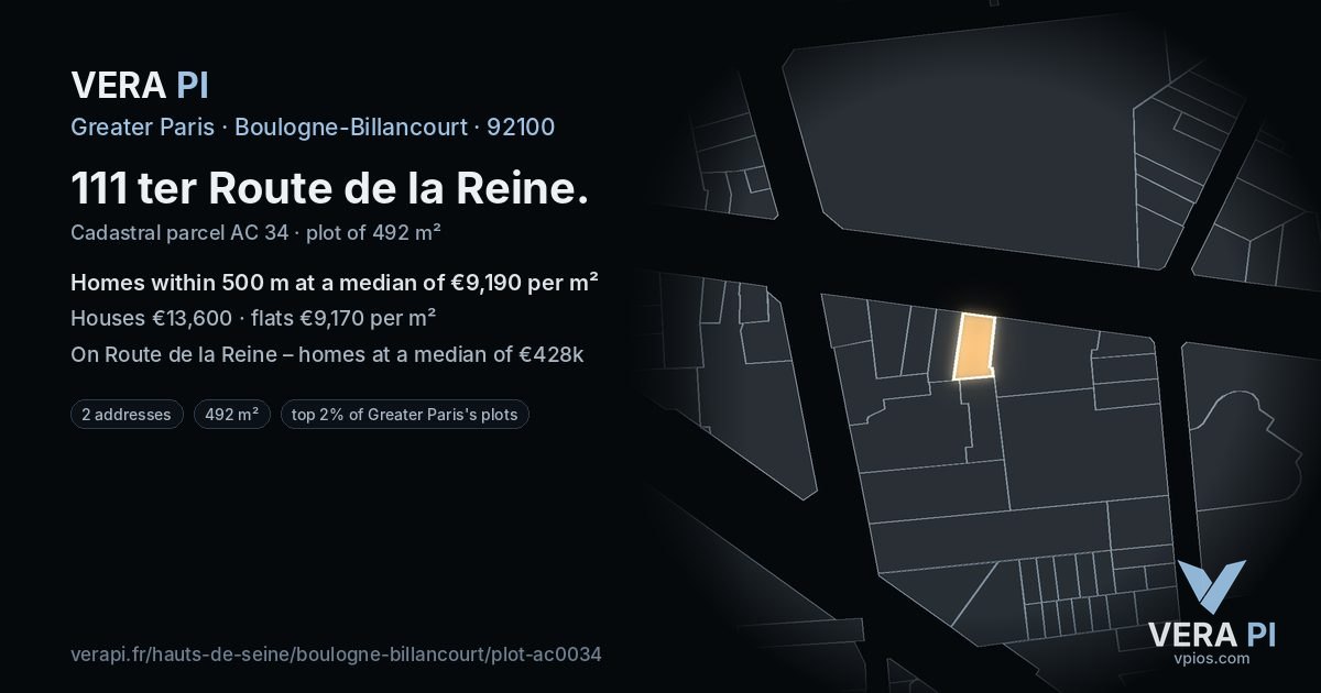 111 ter Route de la Reine, Boulogne-Billancourt at night – the plot lit, the parcels around coloured by the prices near them