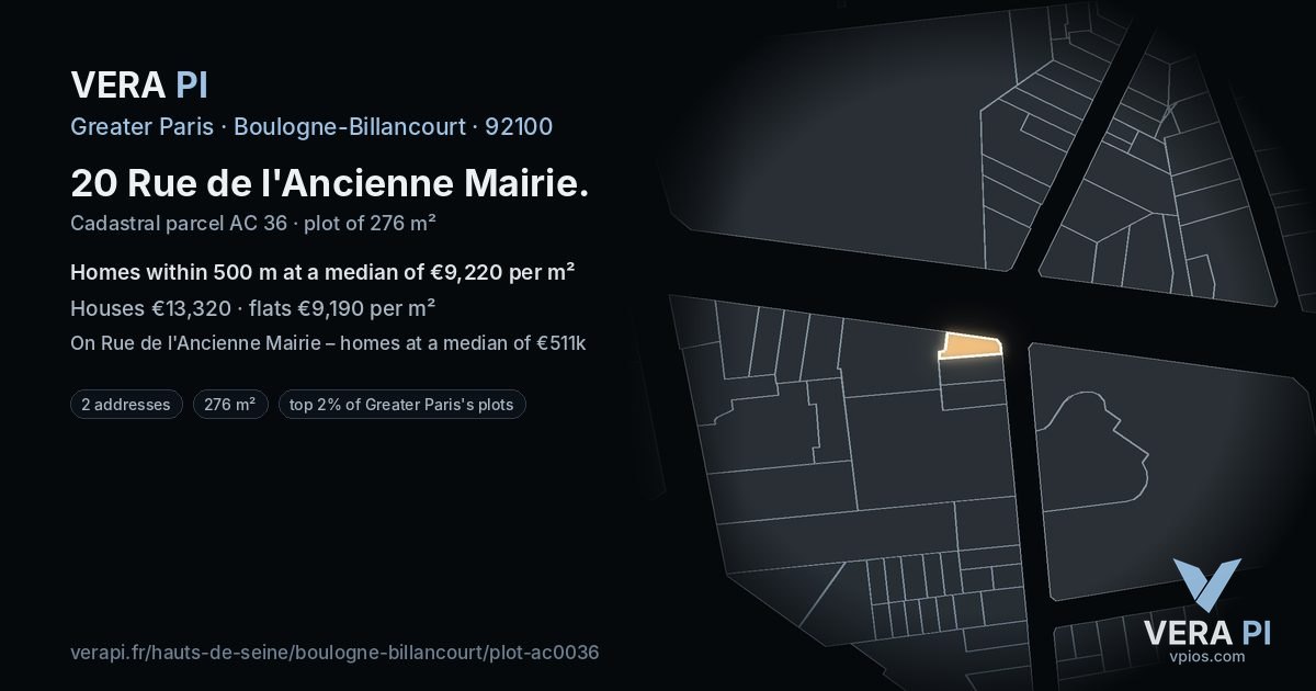 20 Rue de l'Ancienne Mairie, Boulogne-Billancourt at night – the plot lit, the parcels around coloured by the prices near them