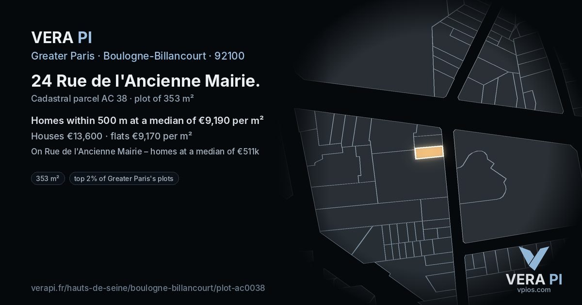 24 Rue de l'Ancienne Mairie, Boulogne-Billancourt at night – the plot lit, the parcels around coloured by the prices near them