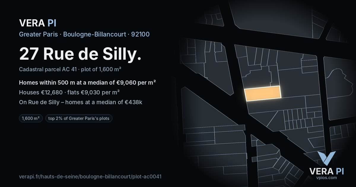 27 Rue de Silly, Boulogne-Billancourt at night – the plot lit, the parcels around coloured by the prices near them