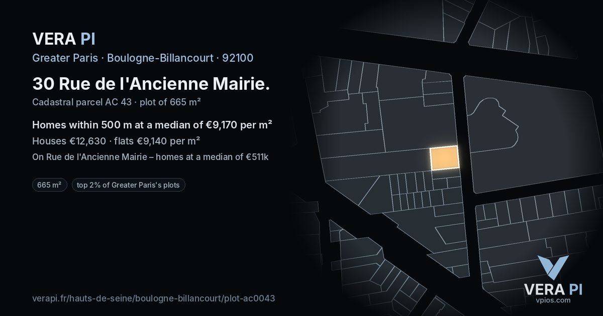30 Rue de l'Ancienne Mairie, Boulogne-Billancourt at night – the plot lit, the parcels around coloured by the prices near them