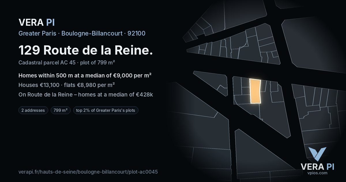 129 Route de la Reine, Boulogne-Billancourt at night – the plot lit, the parcels around coloured by the prices near them