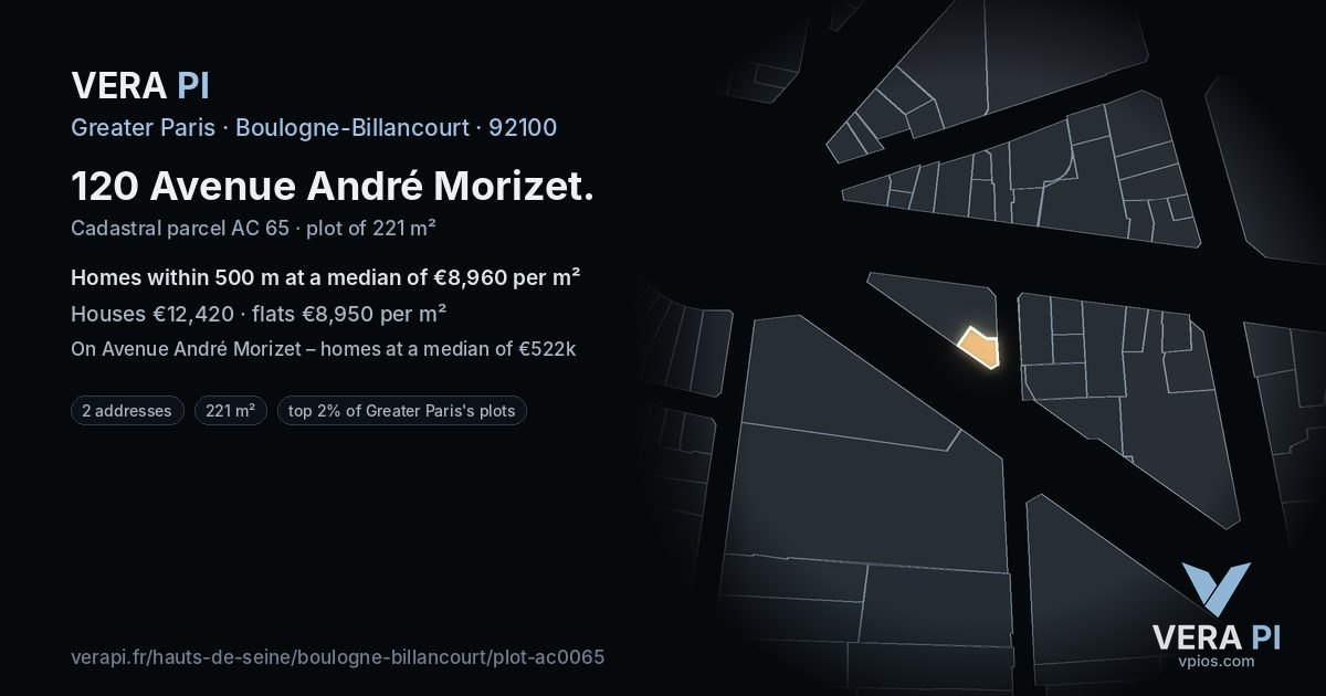 120 Avenue André Morizet, Boulogne-Billancourt at night – the plot lit, the parcels around coloured by the prices near them
