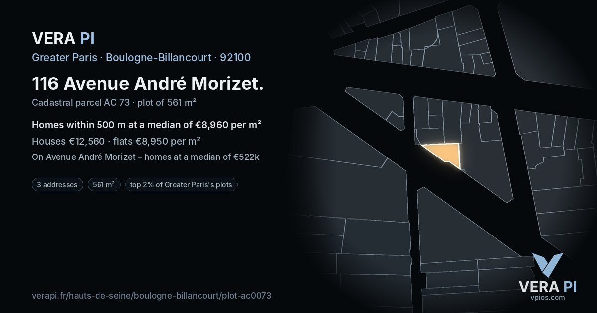 116 Avenue André Morizet, Boulogne-Billancourt at night – the plot lit, the parcels around coloured by the prices near them
