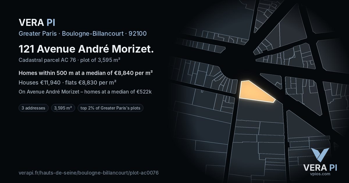 121 Avenue André Morizet, Boulogne-Billancourt at night – the plot lit, the parcels around coloured by the prices near them