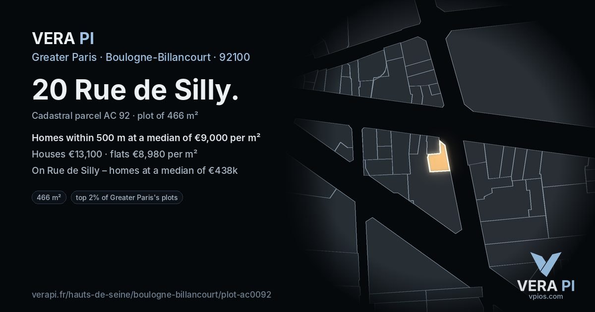 20 Rue de Silly, Boulogne-Billancourt at night – the plot lit, the parcels around coloured by the prices near them