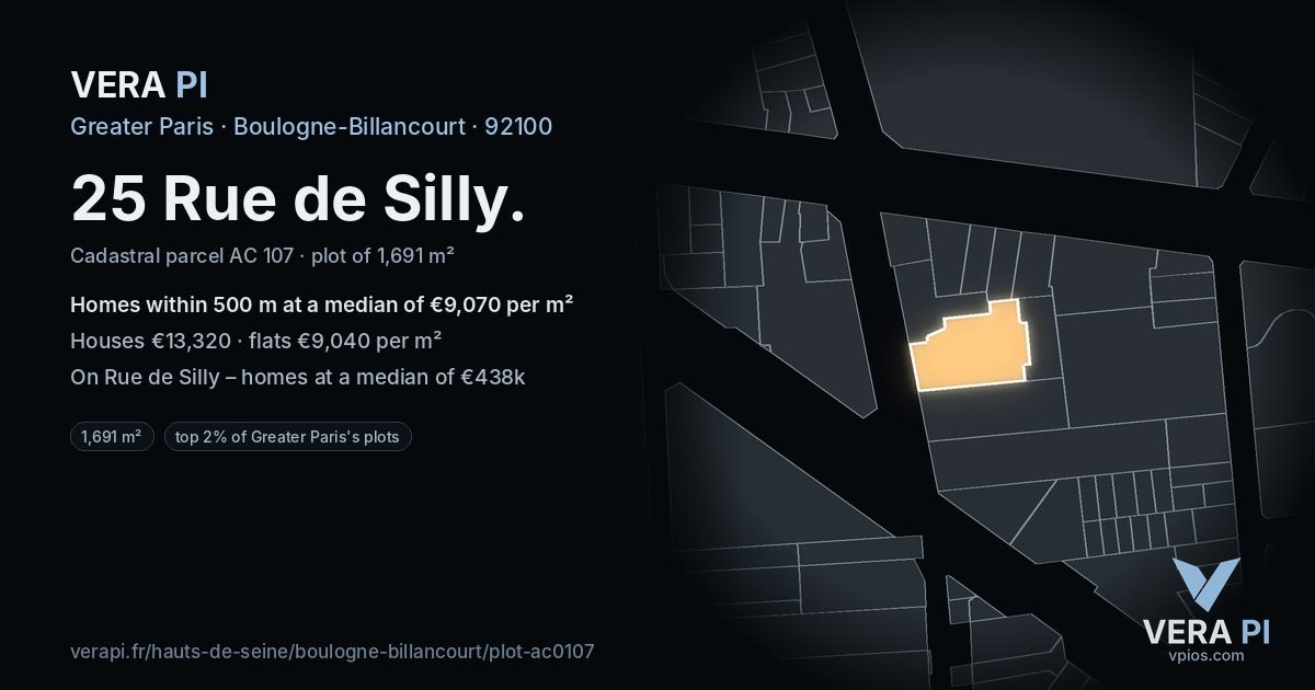 25 Rue de Silly, Boulogne-Billancourt at night – the plot lit, the parcels around coloured by the prices near them