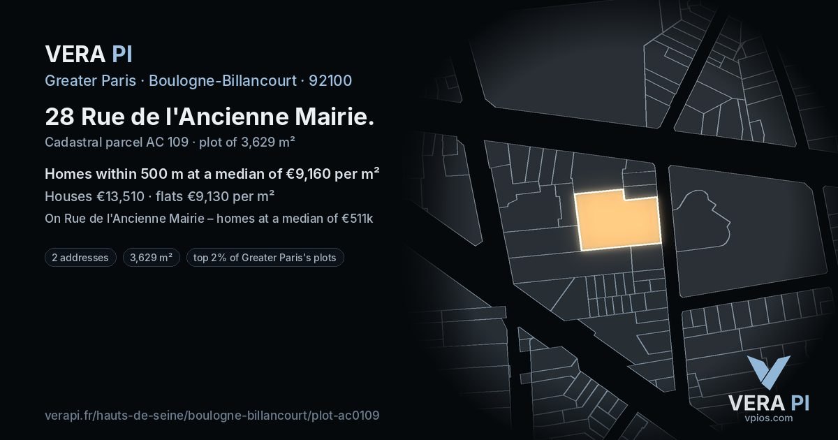 28 Rue de l'Ancienne Mairie, Boulogne-Billancourt at night – the plot lit, the parcels around coloured by the prices near them