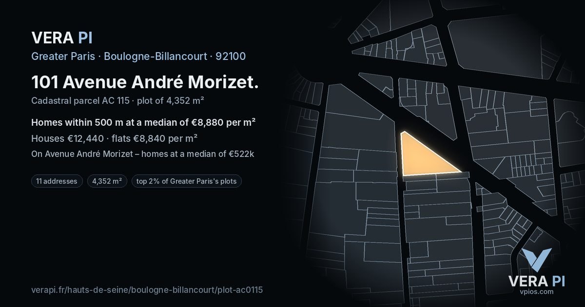 101 Avenue André Morizet, Boulogne-Billancourt at night – the plot lit, the parcels around coloured by the prices near them