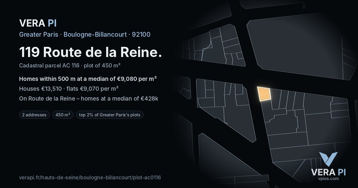 119 Route de la Reine, Boulogne-Billancourt at night – the plot lit, the parcels around coloured by the prices near them