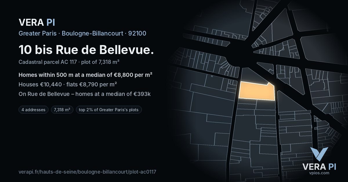 10 bis Rue de Bellevue, Boulogne-Billancourt at night – the plot lit, the parcels around coloured by the prices near them