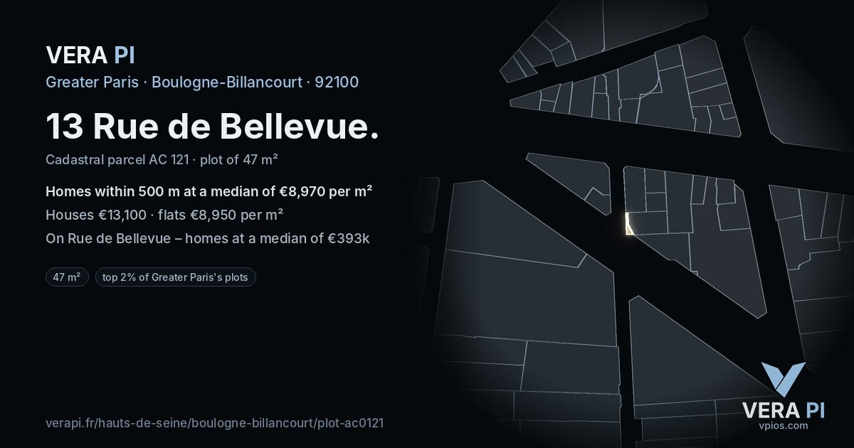13 Rue de Bellevue, Boulogne-Billancourt at night – the plot lit, the parcels around coloured by the prices near them