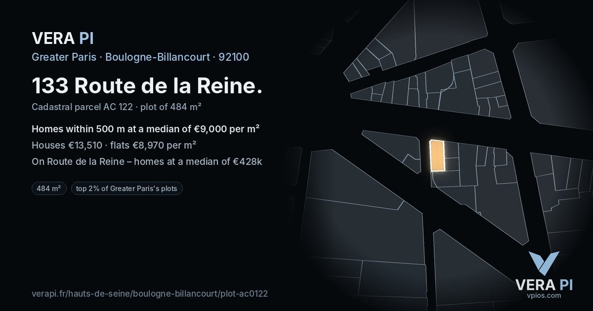 133 Route de la Reine, Boulogne-Billancourt at night – the plot lit, the parcels around coloured by the prices near them