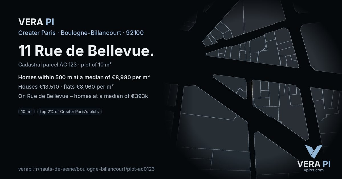 11 Rue de Bellevue, Boulogne-Billancourt at night – the plot lit, the parcels around coloured by the prices near them