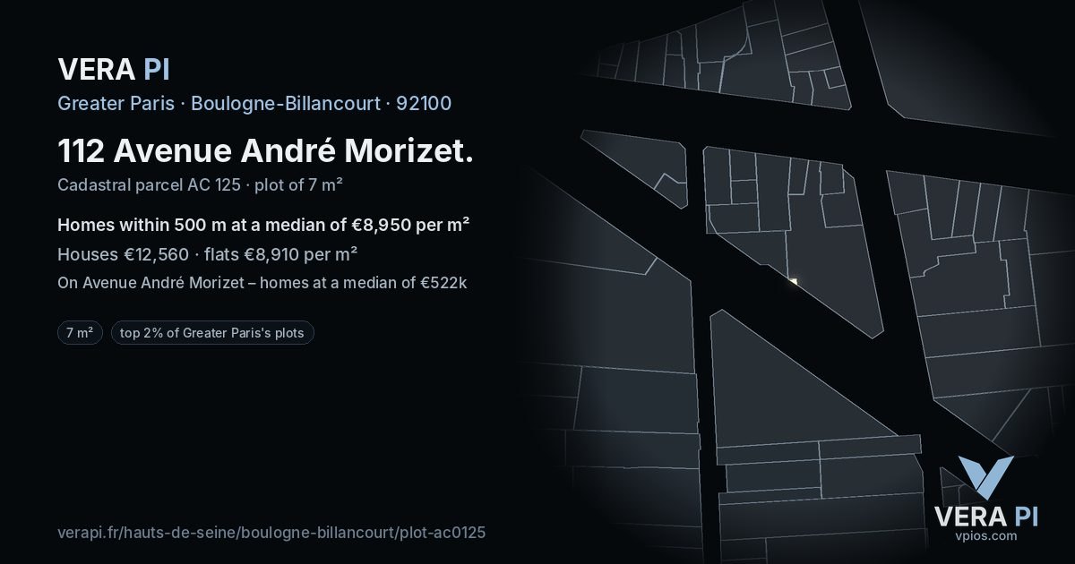 112 Avenue André Morizet, Boulogne-Billancourt at night – the plot lit, the parcels around coloured by the prices near them