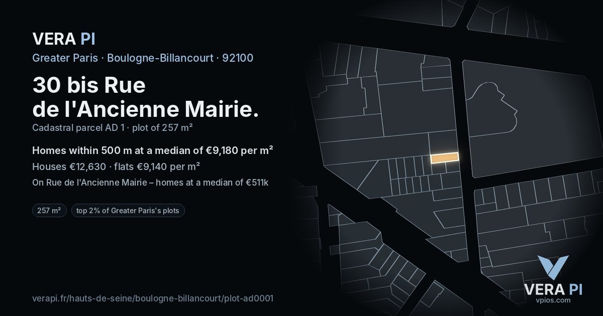 30 bis Rue de l'Ancienne Mairie, Boulogne-Billancourt at night – the plot lit, the parcels around coloured by the prices near them