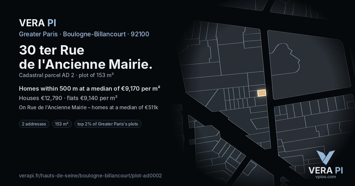 30 ter Rue de l'Ancienne Mairie, Boulogne-Billancourt at night – the plot lit, the parcels around coloured by the prices near them