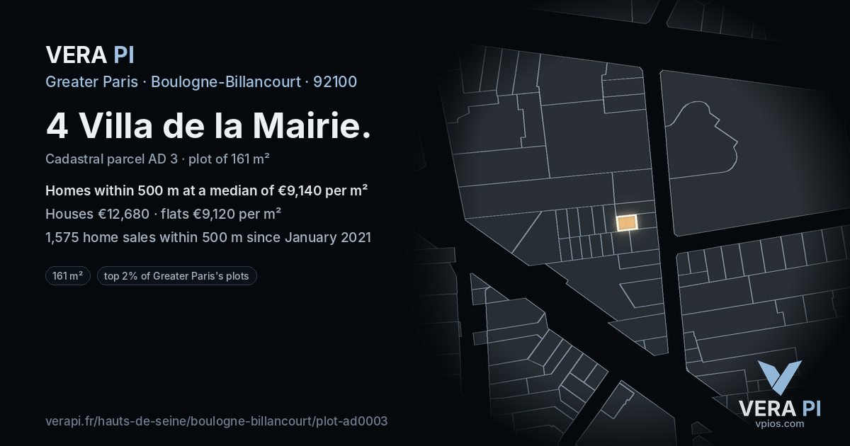 4 Villa de la Mairie, Boulogne-Billancourt at night – the plot lit, the parcels around coloured by the prices near them