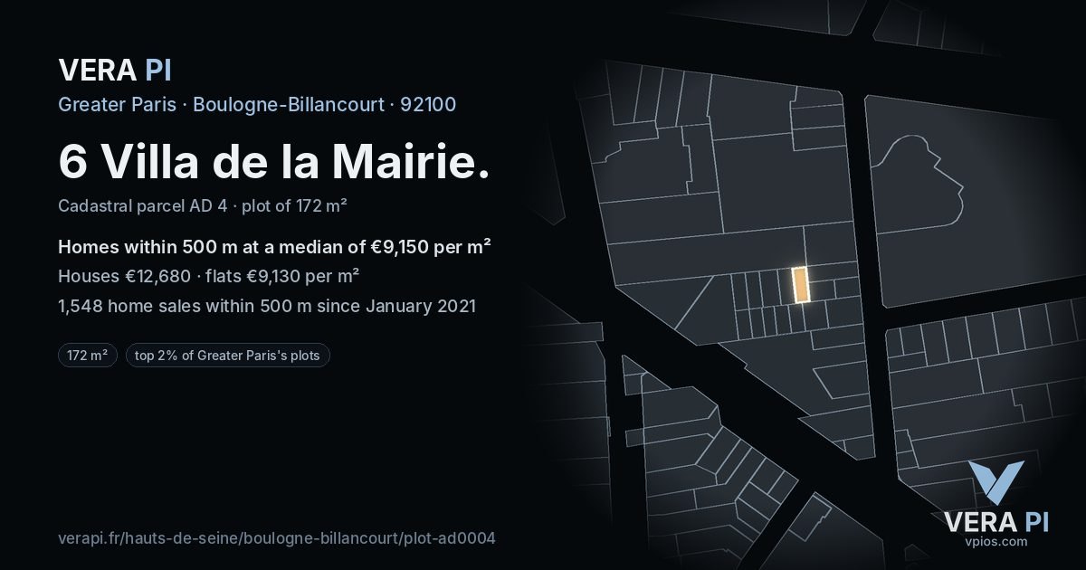 6 Villa de la Mairie, Boulogne-Billancourt at night – the plot lit, the parcels around coloured by the prices near them