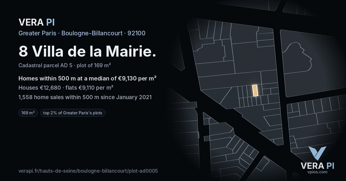 8 Villa de la Mairie, Boulogne-Billancourt at night – the plot lit, the parcels around coloured by the prices near them