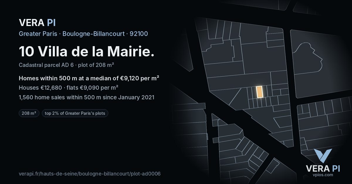 10 Villa de la Mairie, Boulogne-Billancourt at night – the plot lit, the parcels around coloured by the prices near them