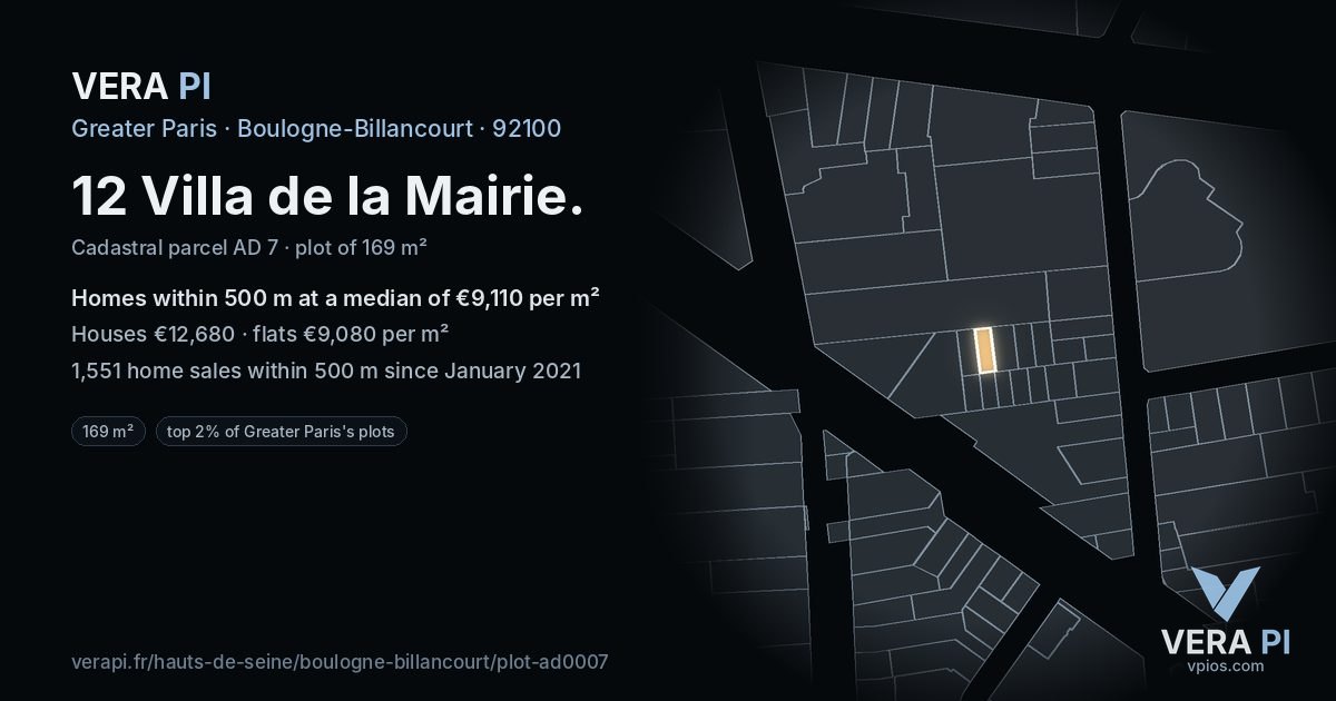 12 Villa de la Mairie, Boulogne-Billancourt at night – the plot lit, the parcels around coloured by the prices near them
