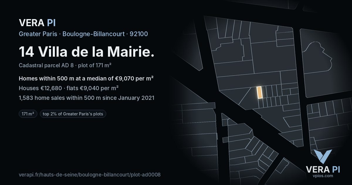 14 Villa de la Mairie, Boulogne-Billancourt at night – the plot lit, the parcels around coloured by the prices near them