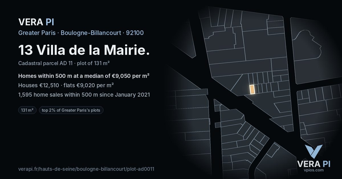 13 Villa de la Mairie, Boulogne-Billancourt at night – the plot lit, the parcels around coloured by the prices near them